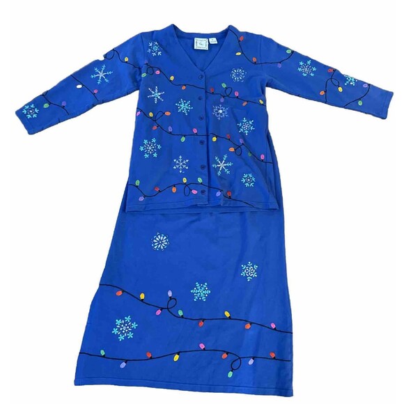 Vtg MICHAEL SIMON Lite Blue Christmas Snowflakes Lights Cardigan & Skirt MEDIUM - Picture 1 of 10